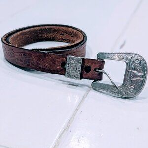VTG Western Leather Belt Sz 28 Women's Silver Bull Horn Buckle Hand Tooled Boho